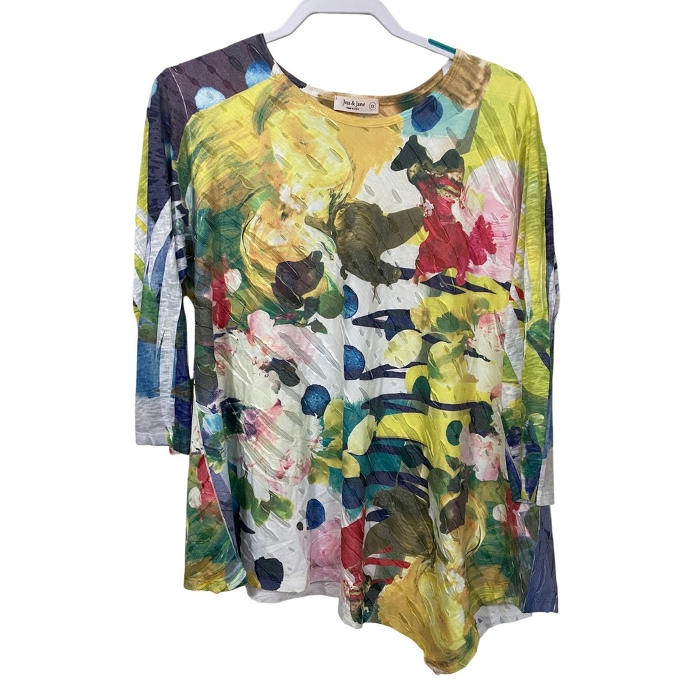 Jess & Jane Size 1X Abstract Artsy Burnout Tunic Top 3/4 Sleeve Multi-Color